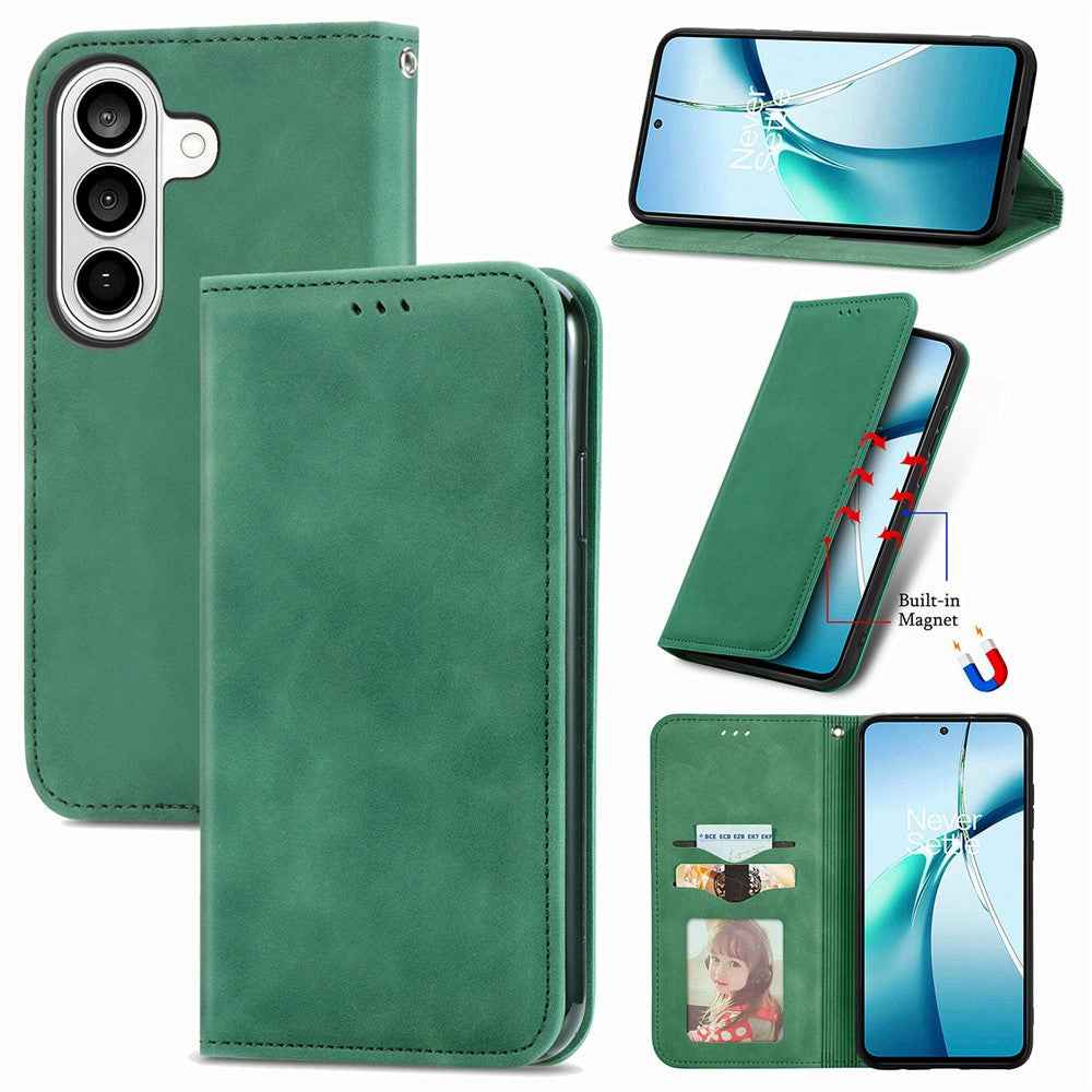 For Samsung Galaxy A57 5G Leather Case with Card Holder Magnetic Absorption Phone Cover - Green