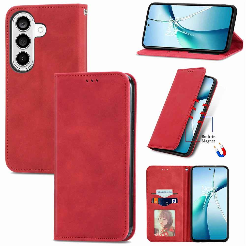 For Samsung Galaxy A57 5G Leather Case with Card Holder Magnetic Absorption Phone Cover - Red