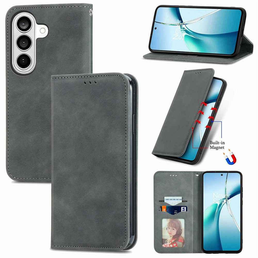 For Samsung Galaxy A57 5G Leather Case with Card Holder Magnetic Absorption Phone Cover - Grey