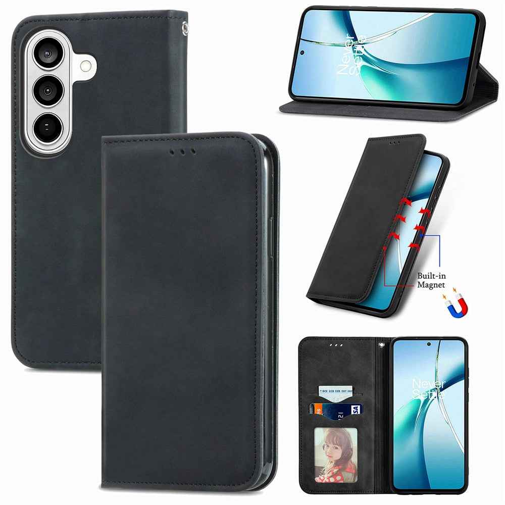 For Samsung Galaxy A57 5G Leather Case with Card Holder Magnetic Absorption Phone Cover - Black