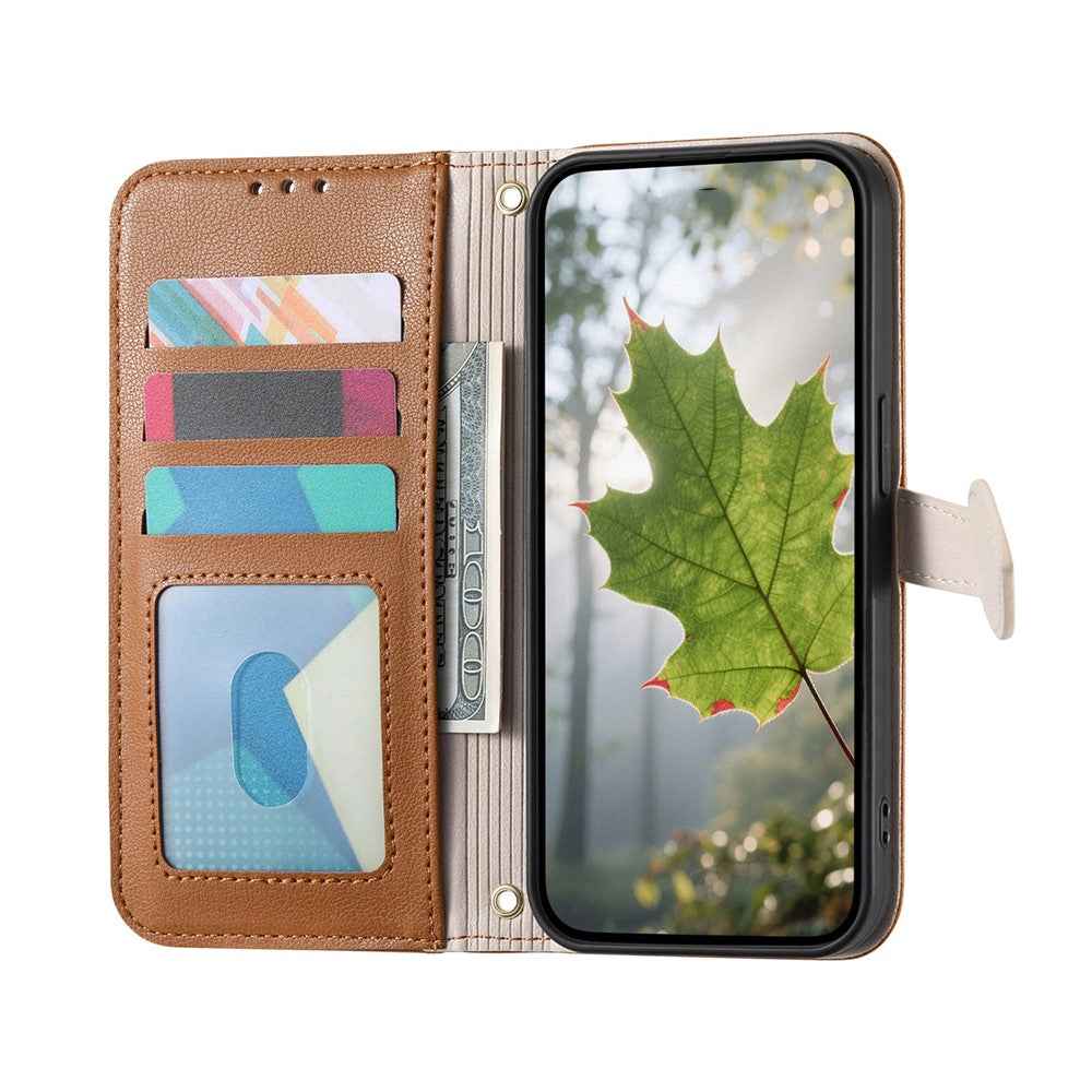 For Samsung Galaxy A57 5G Stand Case Leaf Shape Magnetic Clasp Leather Phone Cover with Hand Strap - Brown