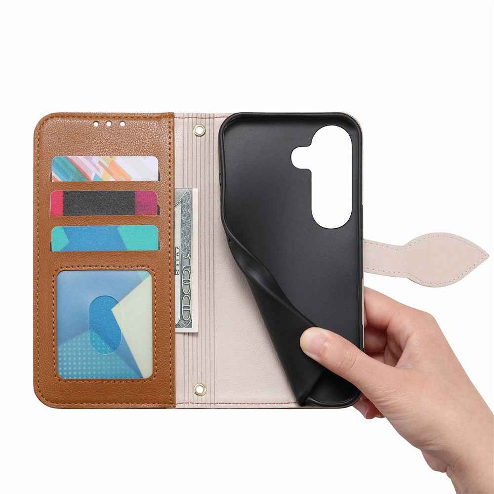 For Samsung Galaxy A57 5G Stand Case Leaf Shape Magnetic Clasp Leather Phone Cover with Hand Strap - Brown