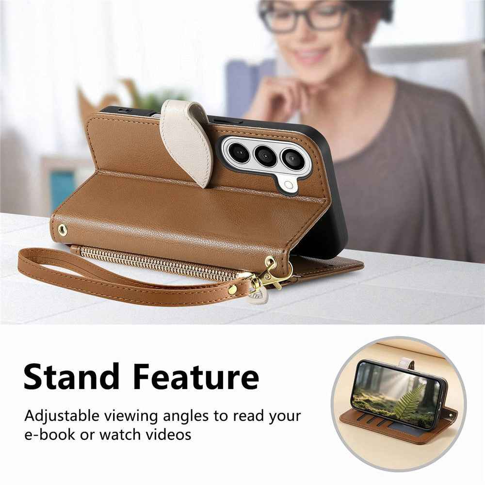 For Samsung Galaxy A57 5G Stand Case Leaf Shape Magnetic Clasp Leather Phone Cover with Hand Strap - Brown