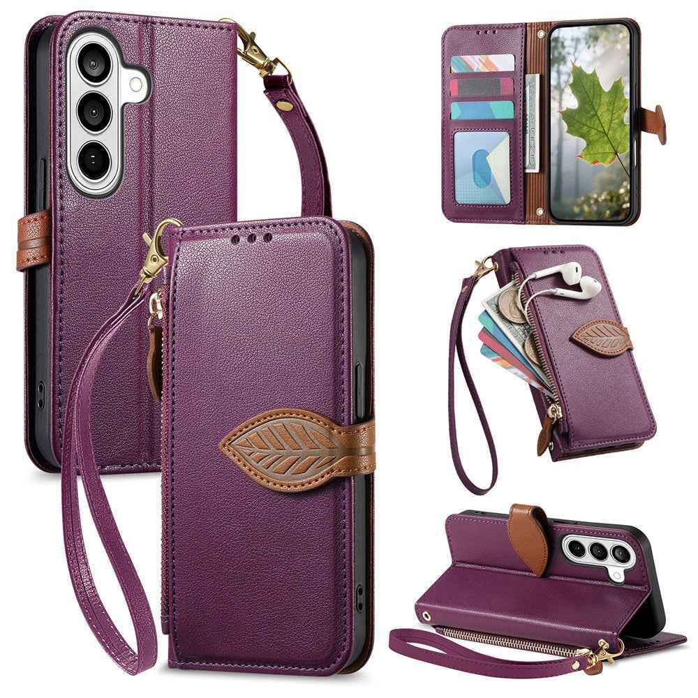For Samsung Galaxy A57 5G Stand Case Leaf Shape Magnetic Clasp Leather Phone Cover with Hand Strap - Purple