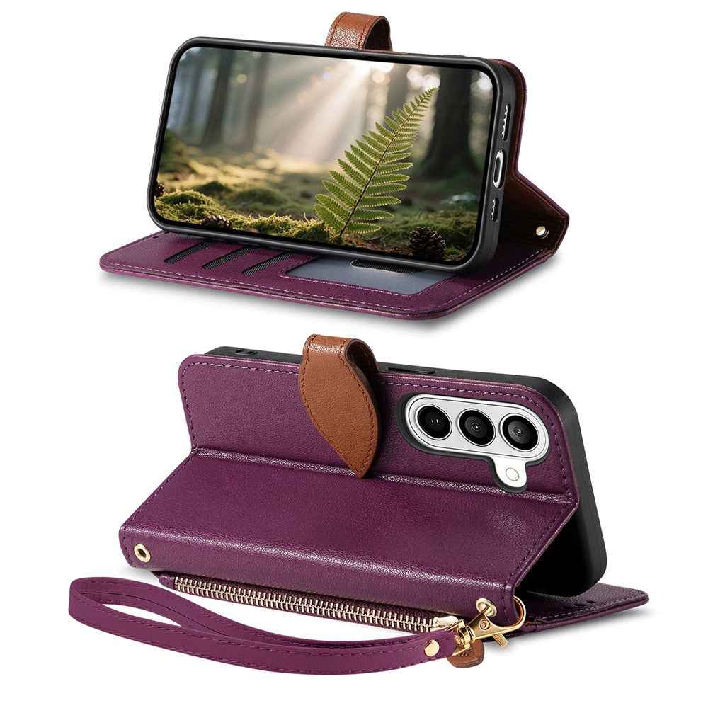 For Samsung Galaxy A57 5G Stand Case Leaf Shape Magnetic Clasp Leather Phone Cover with Hand Strap - Purple
