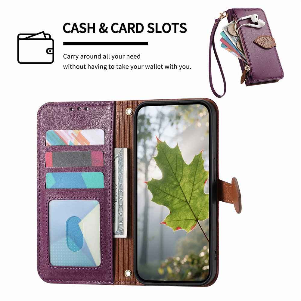 For Samsung Galaxy A57 5G Stand Case Leaf Shape Magnetic Clasp Leather Phone Cover with Hand Strap - Purple