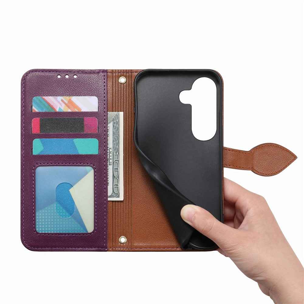 For Samsung Galaxy A57 5G Stand Case Leaf Shape Magnetic Clasp Leather Phone Cover with Hand Strap - Purple