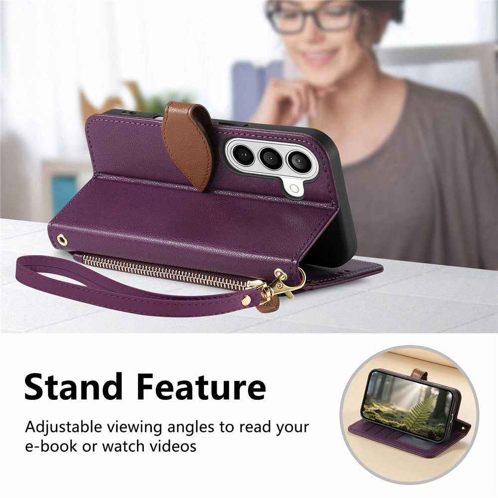 For Samsung Galaxy A57 5G Stand Case Leaf Shape Magnetic Clasp Leather Phone Cover with Hand Strap - Purple