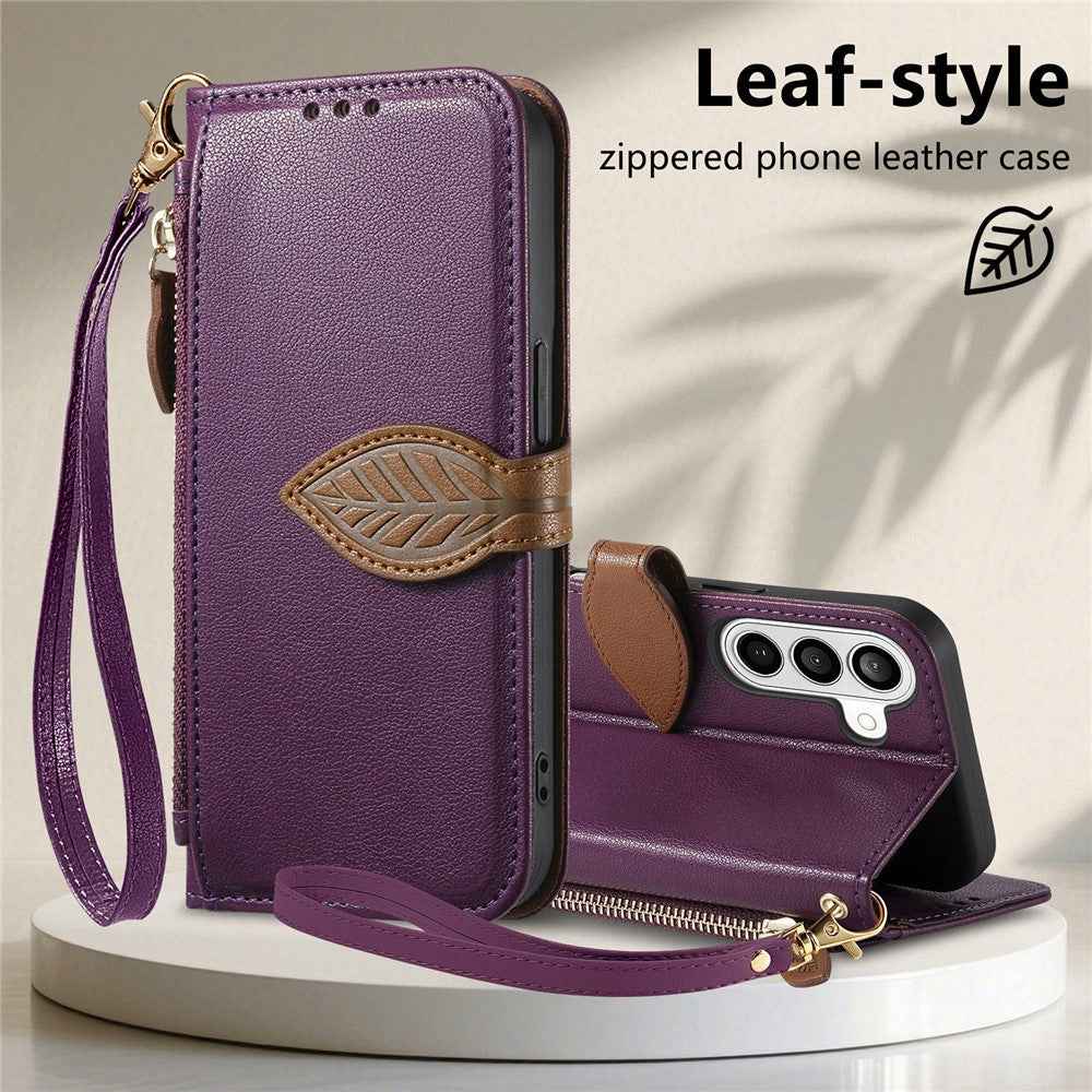 For Samsung Galaxy A57 5G Stand Case Leaf Shape Magnetic Clasp Leather Phone Cover with Hand Strap - Purple
