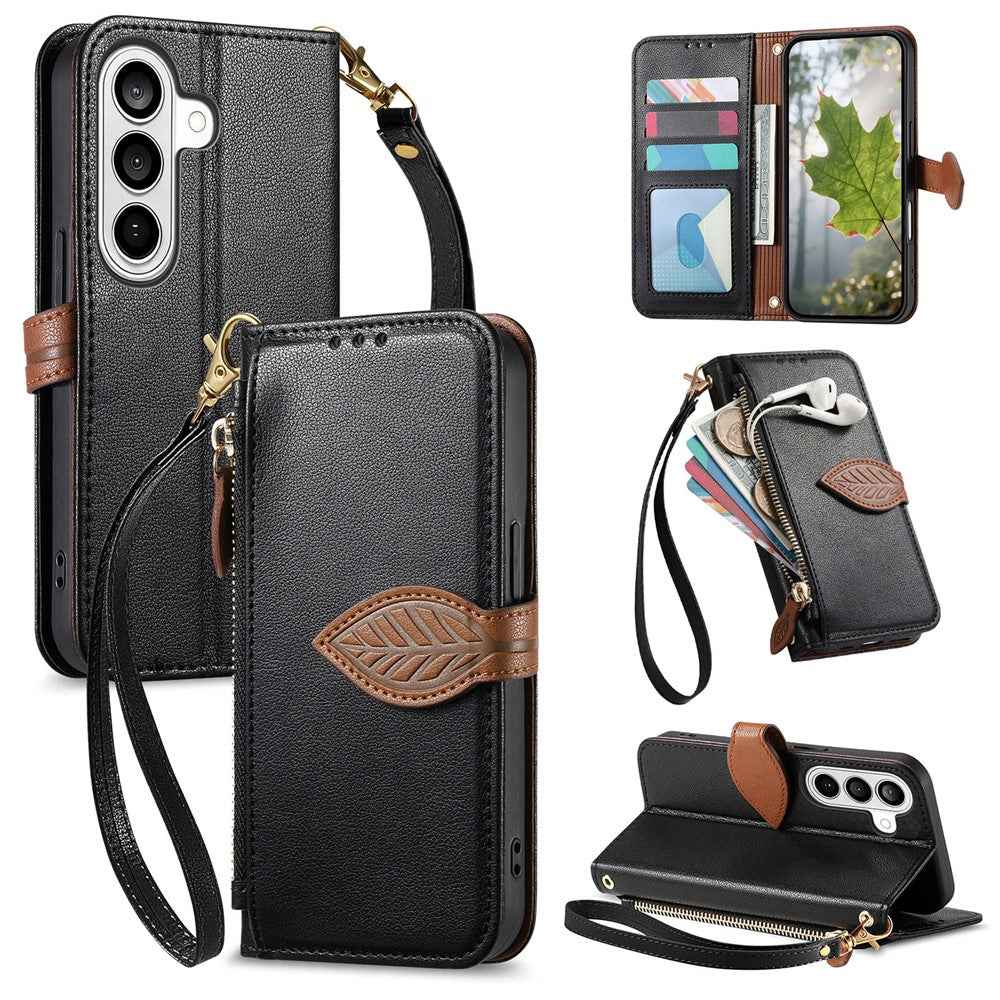 For Samsung Galaxy A57 5G Stand Case Leaf Shape Magnetic Clasp Leather Phone Cover with Hand Strap - Black