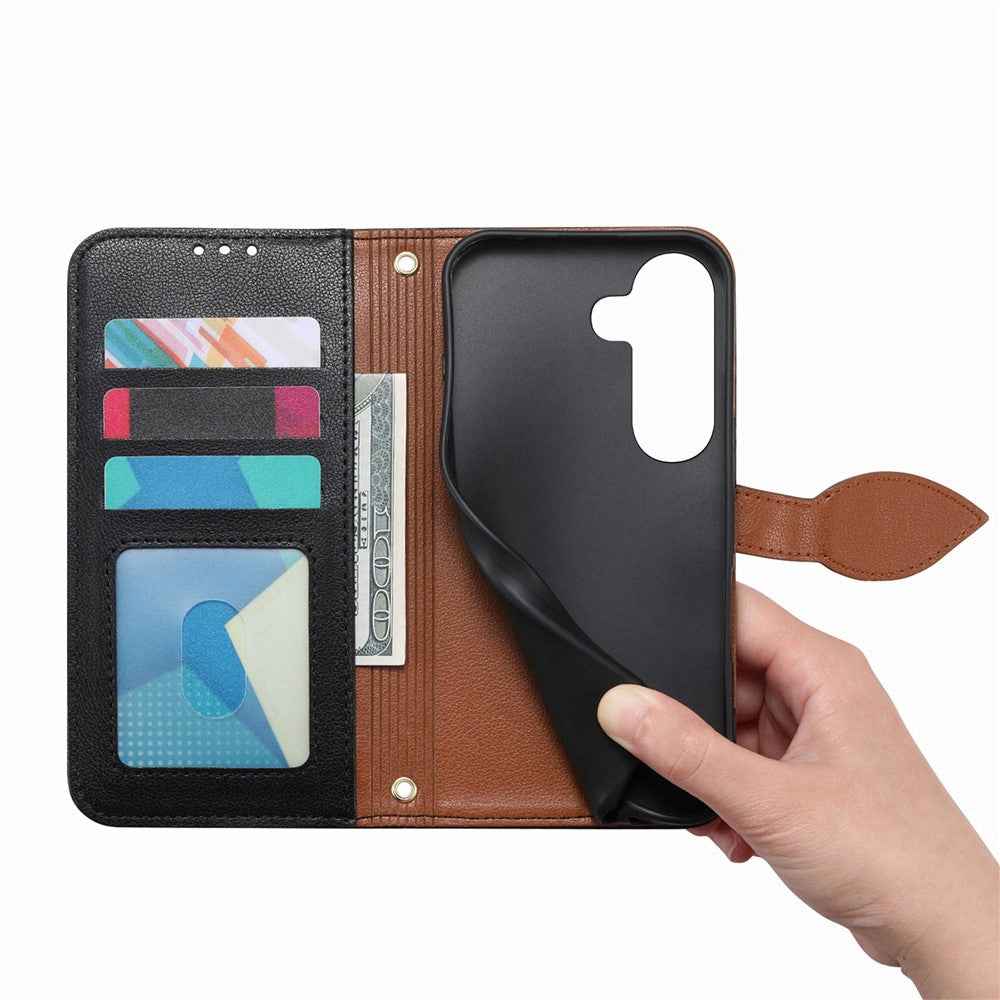 For Samsung Galaxy A57 5G Stand Case Leaf Shape Magnetic Clasp Leather Phone Cover with Hand Strap - Black