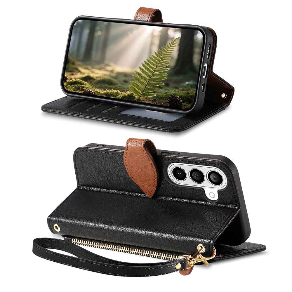 For Samsung Galaxy A57 5G Stand Case Leaf Shape Magnetic Clasp Leather Phone Cover with Hand Strap - Black