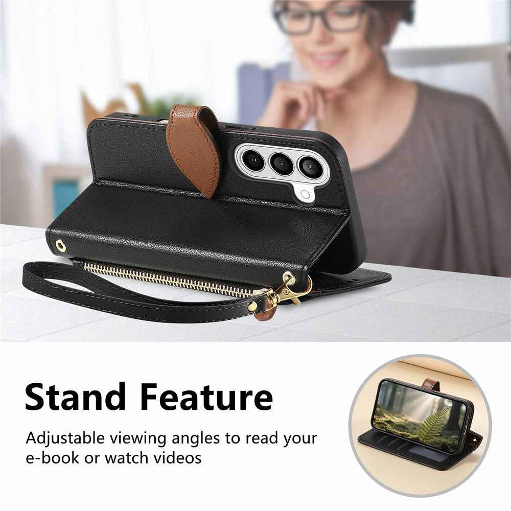 For Samsung Galaxy A57 5G Stand Case Leaf Shape Magnetic Clasp Leather Phone Cover with Hand Strap - Black