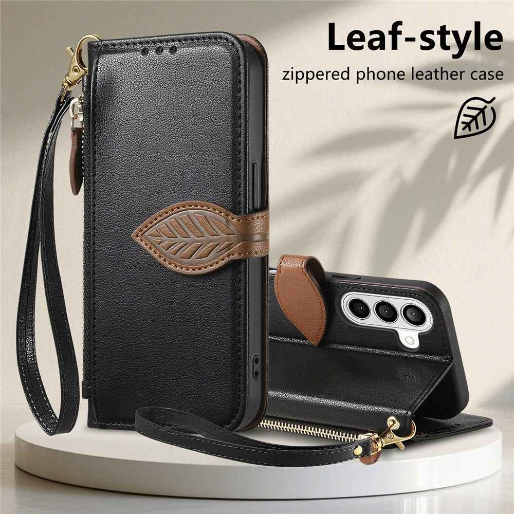 For Samsung Galaxy A57 5G Stand Case Leaf Shape Magnetic Clasp Leather Phone Cover with Hand Strap - Black