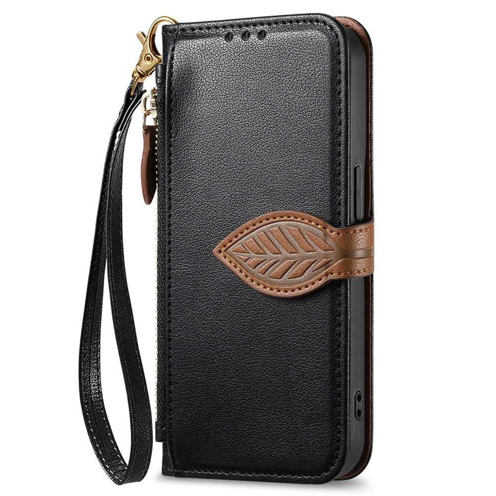 For Samsung Galaxy A57 5G Stand Case Leaf Shape Magnetic Clasp Leather Phone Cover with Hand Strap - Black