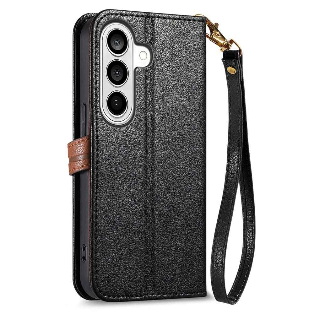 For Samsung Galaxy A57 5G Stand Case Leaf Shape Magnetic Clasp Leather Phone Cover with Hand Strap - Black