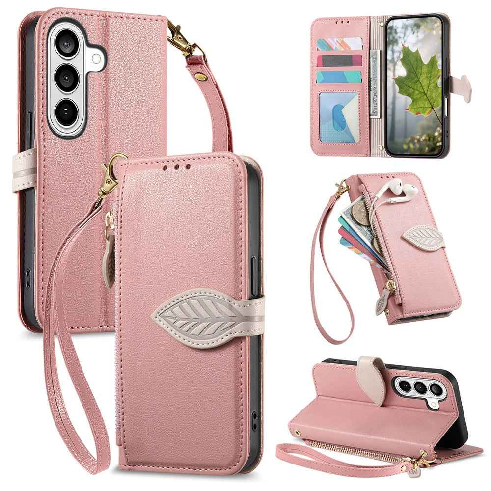 For Samsung Galaxy A57 5G Stand Case Leaf Shape Magnetic Clasp Leather Phone Cover with Hand Strap - Rose Gold