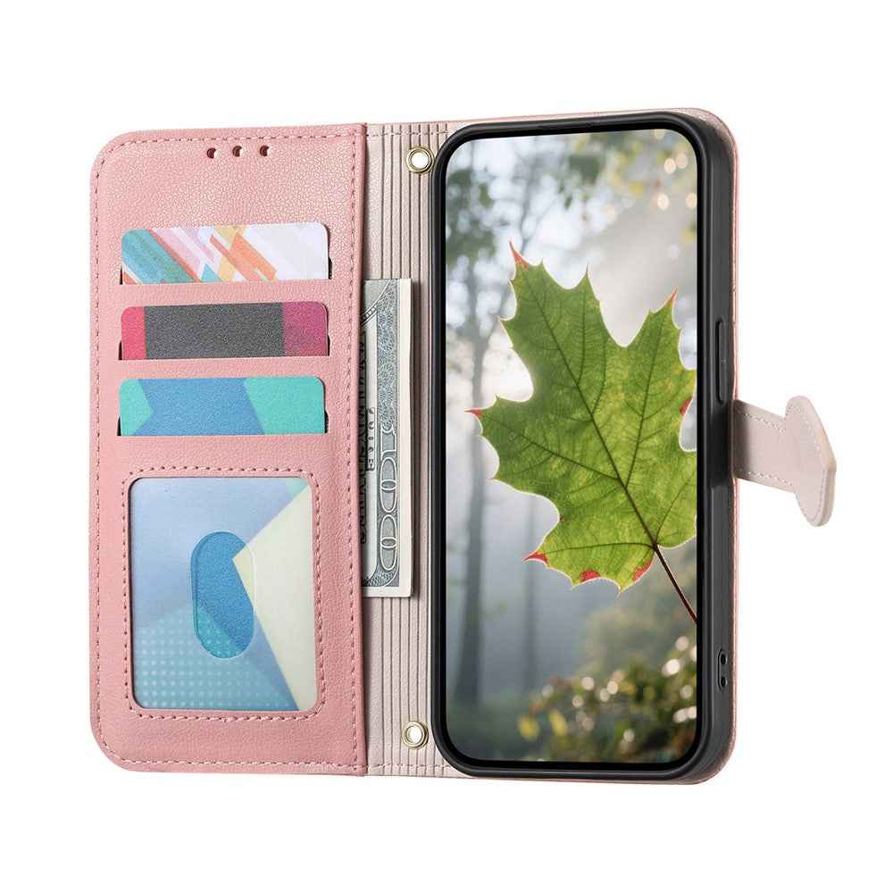 For Samsung Galaxy A57 5G Stand Case Leaf Shape Magnetic Clasp Leather Phone Cover with Hand Strap - Rose Gold