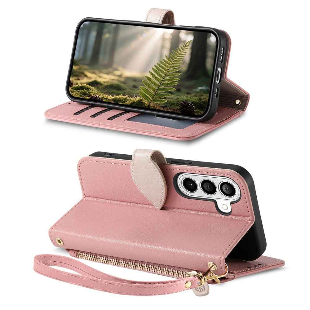 For Samsung Galaxy A57 5G Stand Case Leaf Shape Magnetic Clasp Leather Phone Cover with Hand Strap - Rose Gold