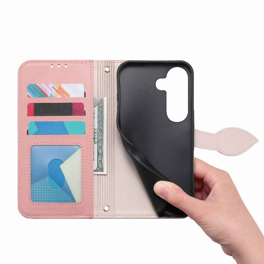 For Samsung Galaxy A57 5G Stand Case Leaf Shape Magnetic Clasp Leather Phone Cover with Hand Strap - Rose Gold