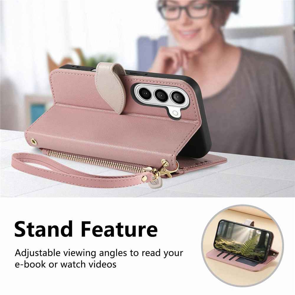 For Samsung Galaxy A57 5G Stand Case Leaf Shape Magnetic Clasp Leather Phone Cover with Hand Strap - Rose Gold