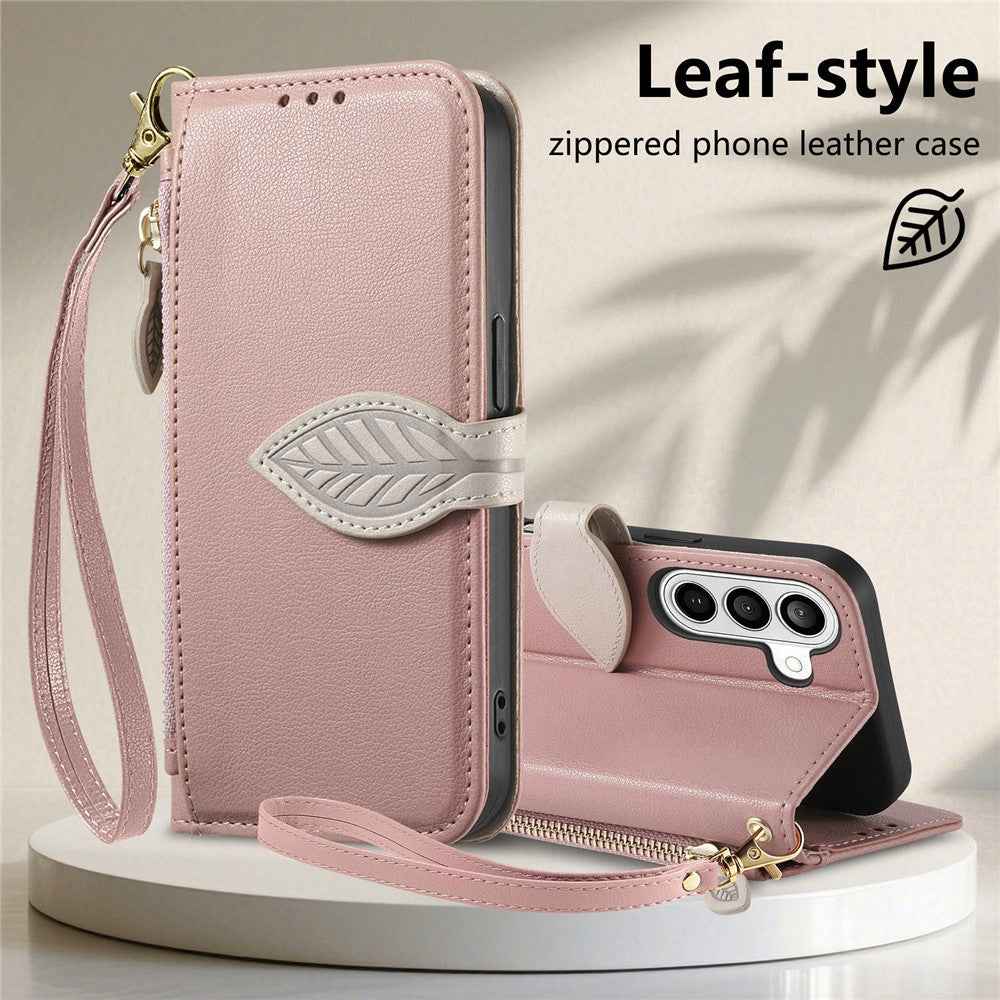 For Samsung Galaxy A57 5G Stand Case Leaf Shape Magnetic Clasp Leather Phone Cover with Hand Strap - Rose Gold
