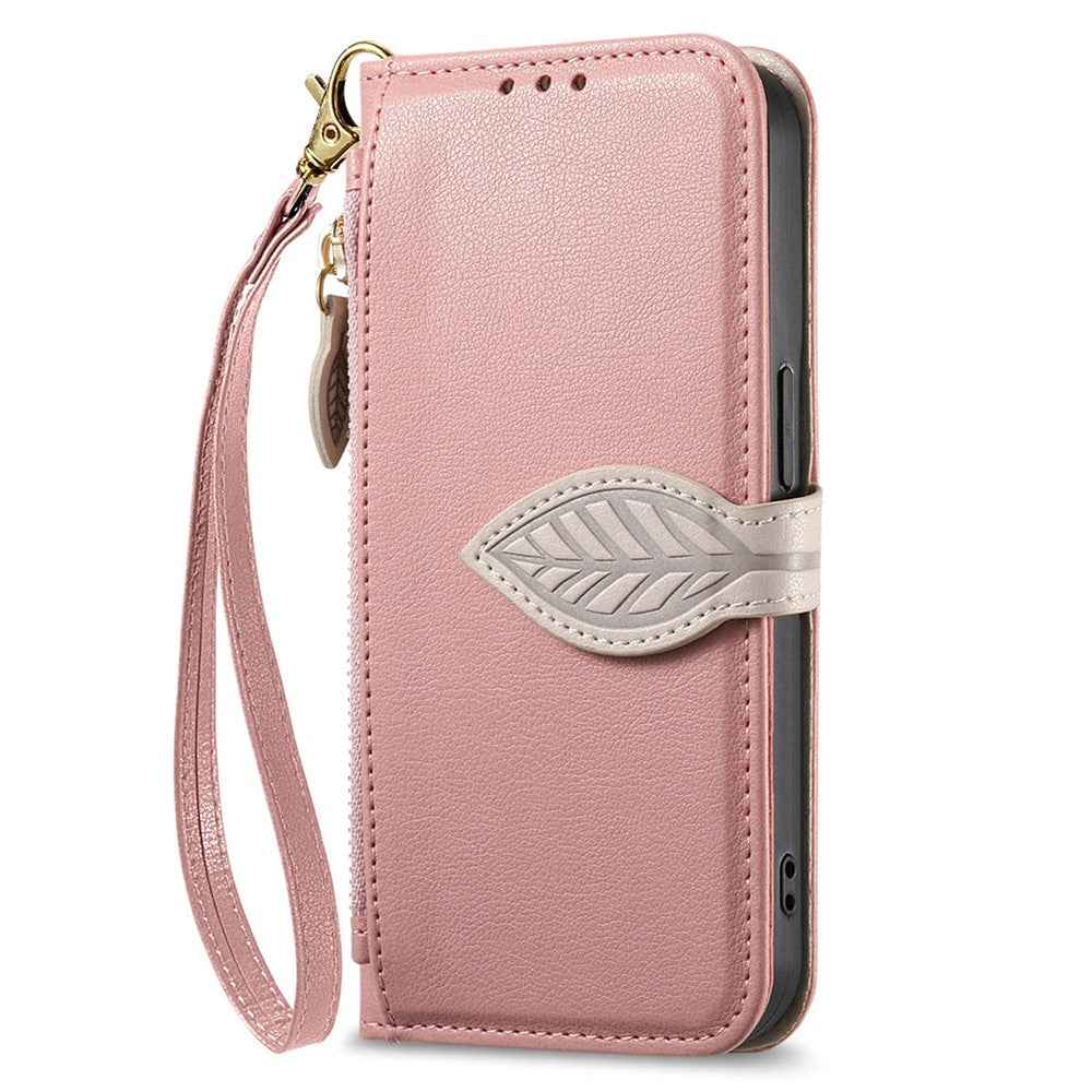 For Samsung Galaxy A57 5G Stand Case Leaf Shape Magnetic Clasp Leather Phone Cover with Hand Strap - Rose Gold