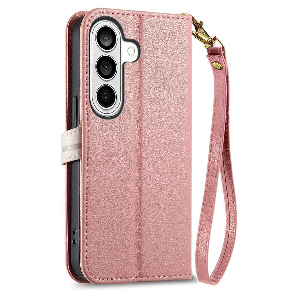 For Samsung Galaxy A57 5G Stand Case Leaf Shape Magnetic Clasp Leather Phone Cover with Hand Strap - Rose Gold
