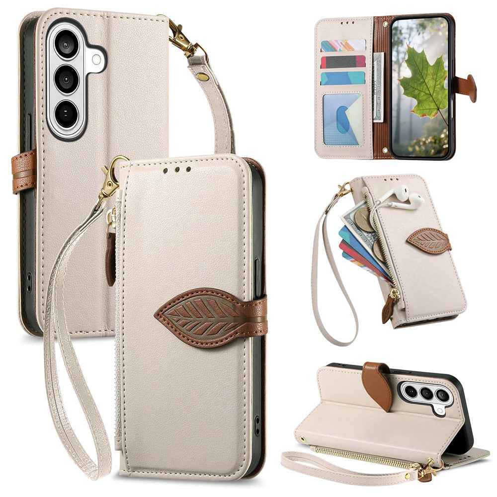 For Samsung Galaxy A57 5G Stand Case Leaf Shape Magnetic Clasp Leather Phone Cover with Hand Strap - Beige