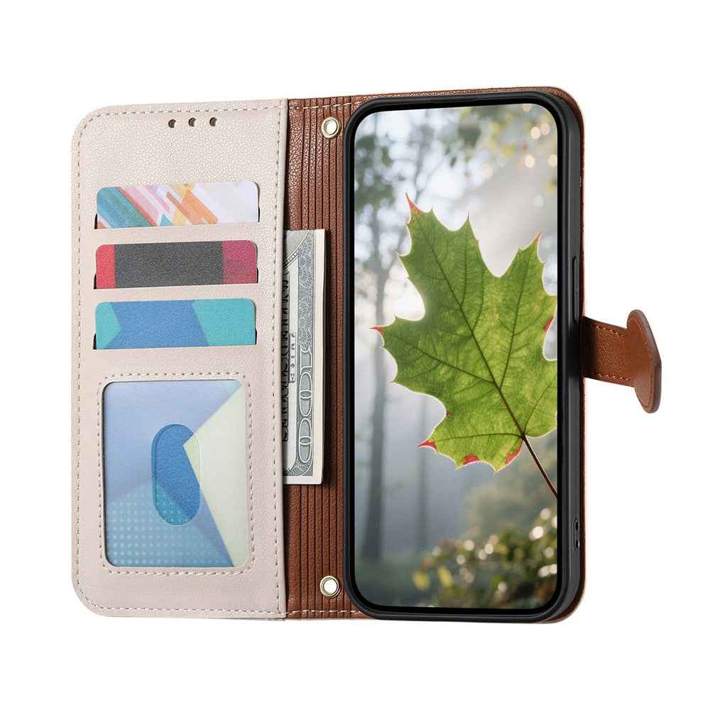 For Samsung Galaxy A57 5G Stand Case Leaf Shape Magnetic Clasp Leather Phone Cover with Hand Strap - Beige