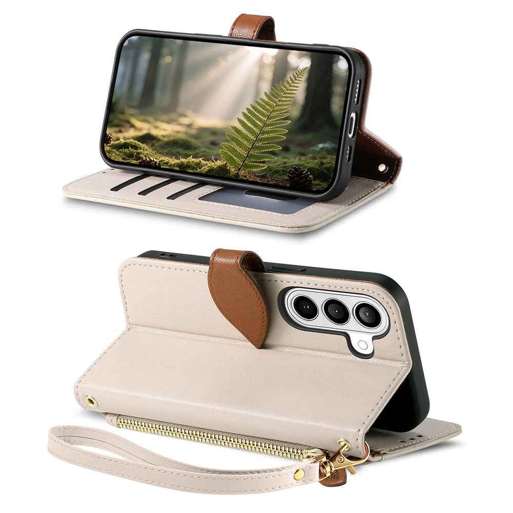 For Samsung Galaxy A57 5G Stand Case Leaf Shape Magnetic Clasp Leather Phone Cover with Hand Strap - Beige