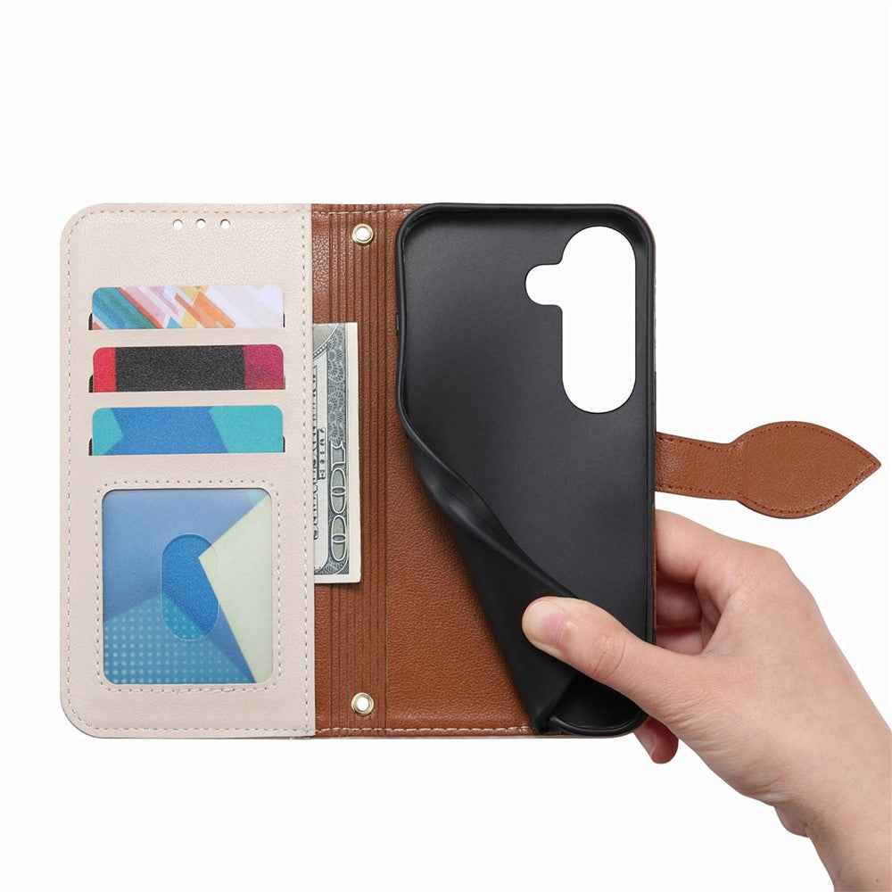 For Samsung Galaxy A57 5G Stand Case Leaf Shape Magnetic Clasp Leather Phone Cover with Hand Strap - Beige