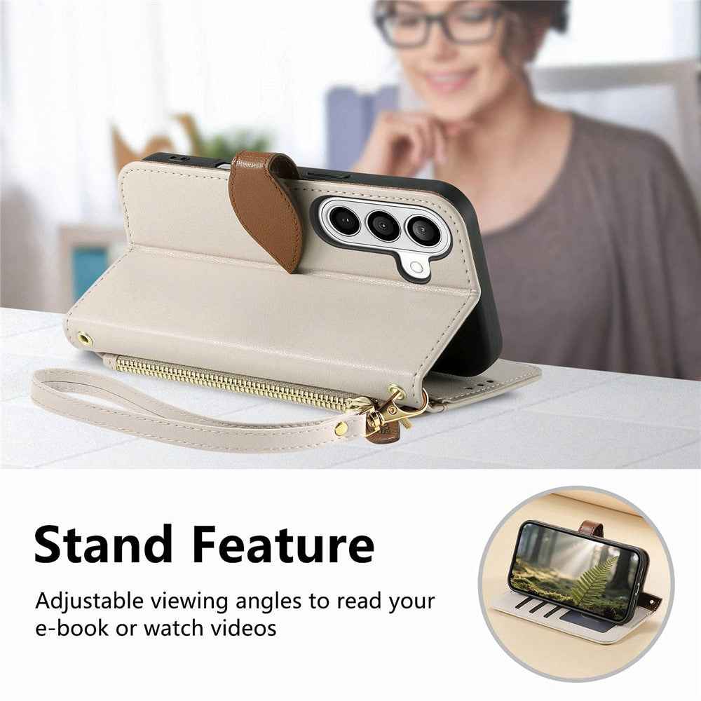 For Samsung Galaxy A57 5G Stand Case Leaf Shape Magnetic Clasp Leather Phone Cover with Hand Strap - Beige