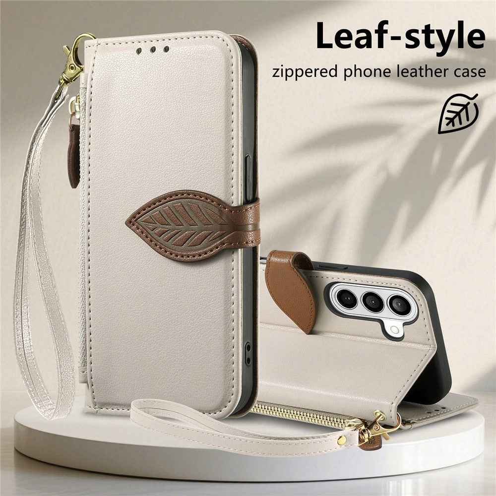 For Samsung Galaxy A57 5G Stand Case Leaf Shape Magnetic Clasp Leather Phone Cover with Hand Strap - Beige