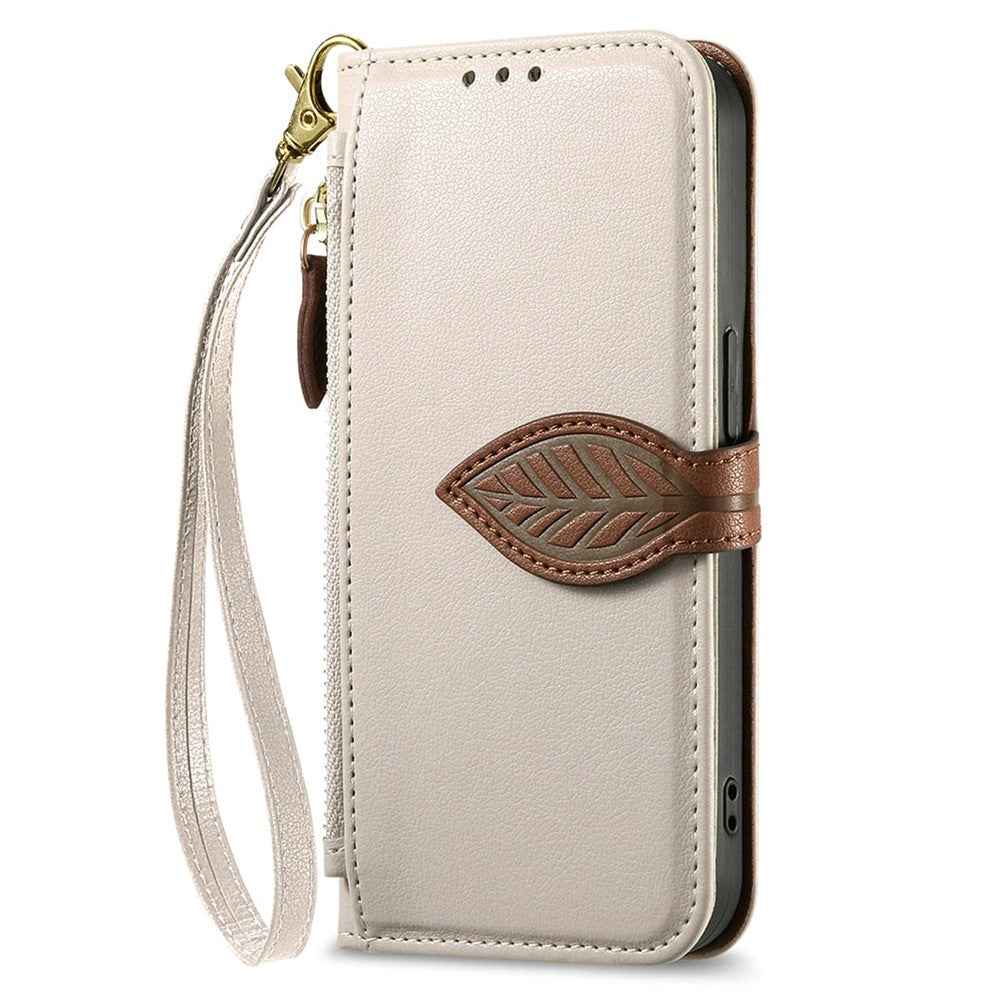 For Samsung Galaxy A57 5G Stand Case Leaf Shape Magnetic Clasp Leather Phone Cover with Hand Strap - Beige