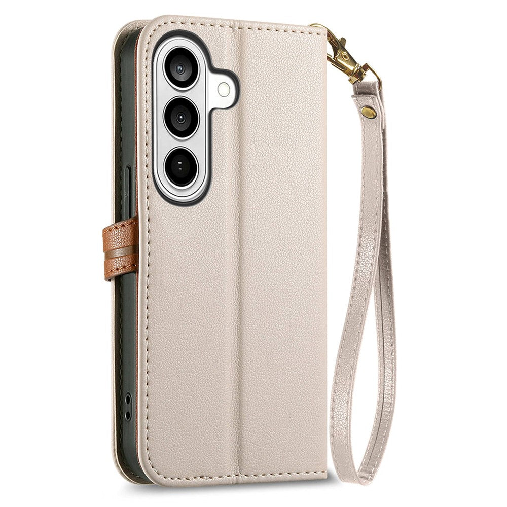 For Samsung Galaxy A57 5G Stand Case Leaf Shape Magnetic Clasp Leather Phone Cover with Hand Strap - Beige