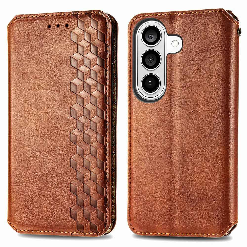 For Samsung Galaxy A57 5G Case Rhombus Imprint PU Leather Wallet Phone Cover - Brown