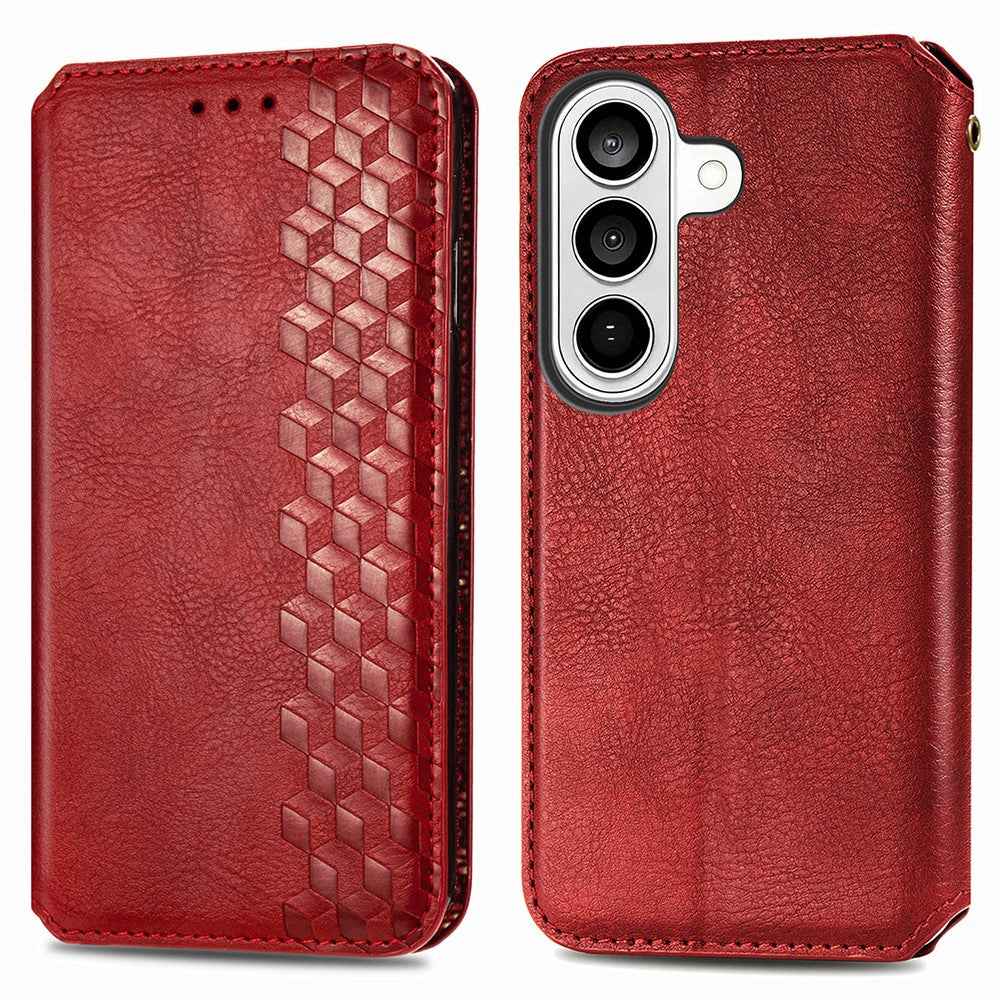 For Samsung Galaxy A57 5G Case Rhombus Imprint PU Leather Wallet Phone Cover - Red