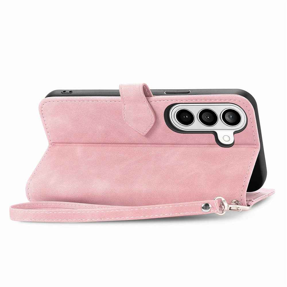 For Samsung Galaxy A57 5G Zipper Wallet Case with Strap Flower Imprint PU Leather Phone Cover - Pink