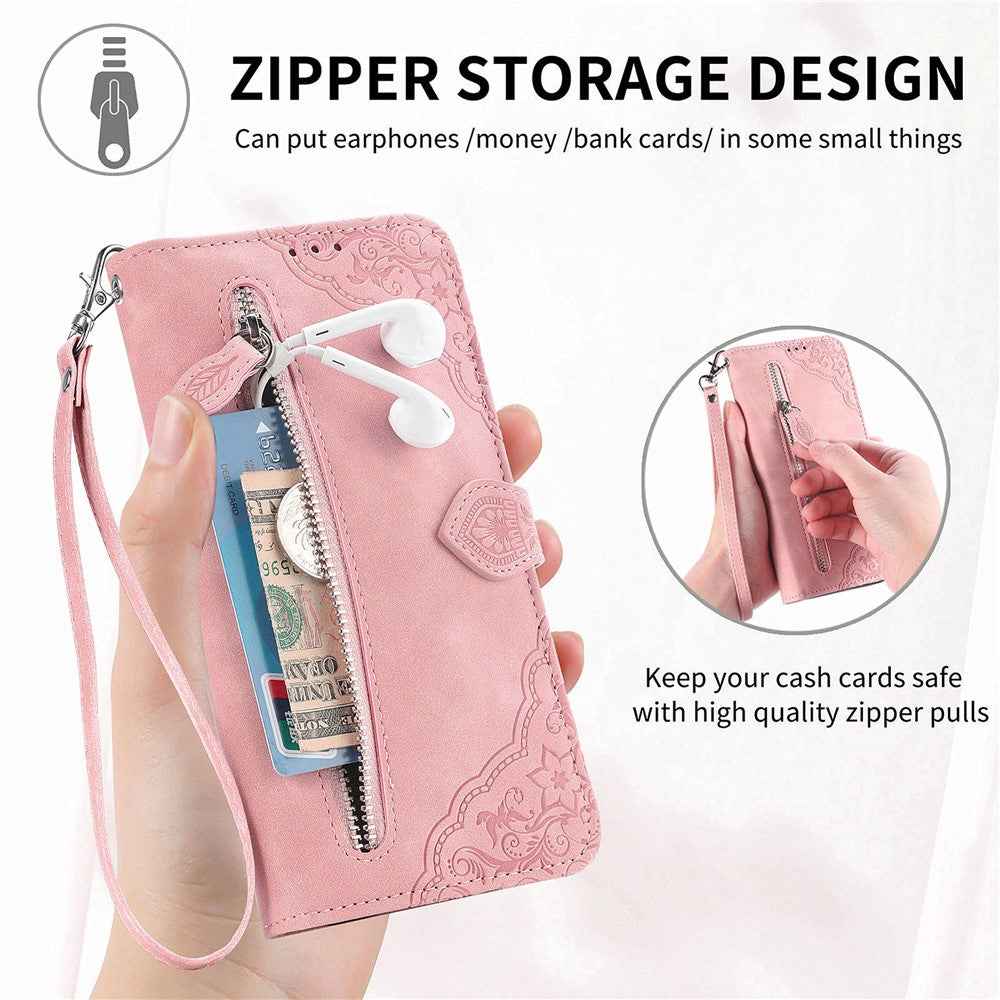 For Samsung Galaxy A57 5G Zipper Wallet Case with Strap Flower Imprint PU Leather Phone Cover - Pink