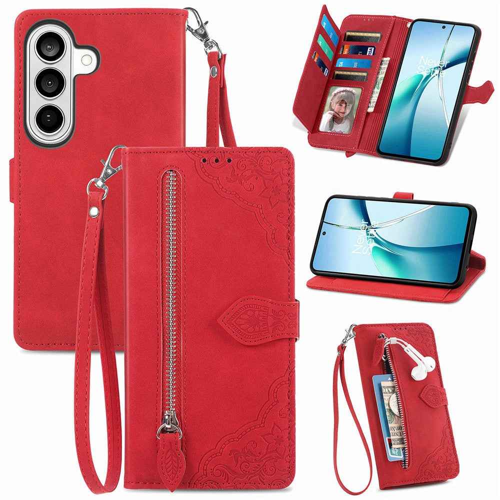 For Samsung Galaxy A57 5G Zipper Wallet Case with Strap Flower Imprint PU Leather Phone Cover - Red