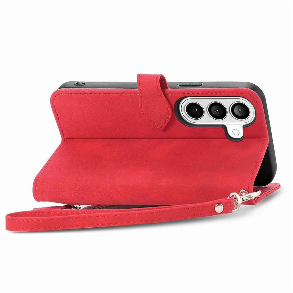 For Samsung Galaxy A57 5G Zipper Wallet Case with Strap Flower Imprint PU Leather Phone Cover - Red