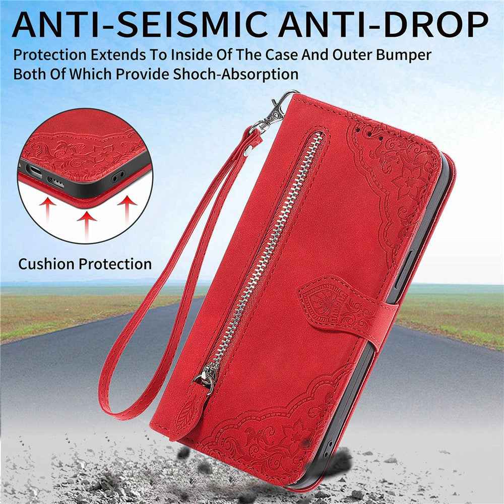 For Samsung Galaxy A57 5G Zipper Wallet Case with Strap Flower Imprint PU Leather Phone Cover - Red