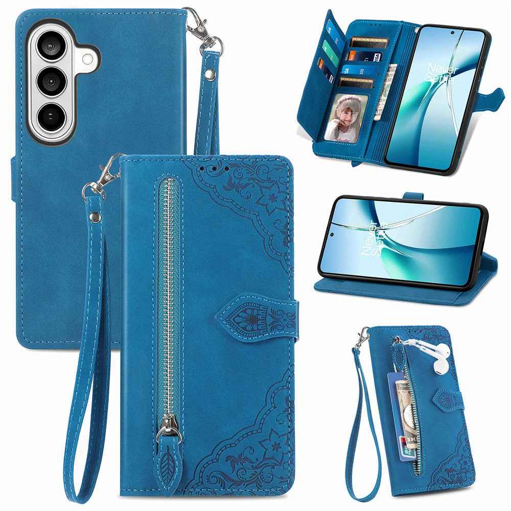 For Samsung Galaxy A57 5G Zipper Wallet Case with Strap Flower Imprint PU Leather Phone Cover - Blue