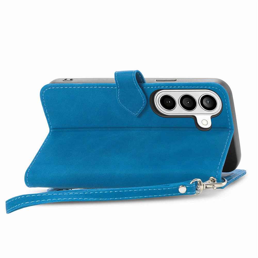For Samsung Galaxy A57 5G Zipper Wallet Case with Strap Flower Imprint PU Leather Phone Cover - Blue