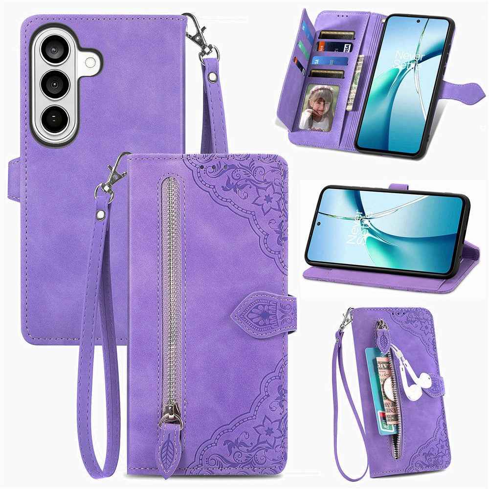 For Samsung Galaxy A57 5G Zipper Wallet Case with Strap Flower Imprint PU Leather Phone Cover - Purple