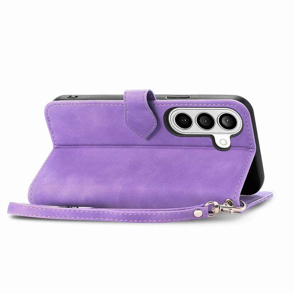 For Samsung Galaxy A57 5G Zipper Wallet Case with Strap Flower Imprint PU Leather Phone Cover - Purple