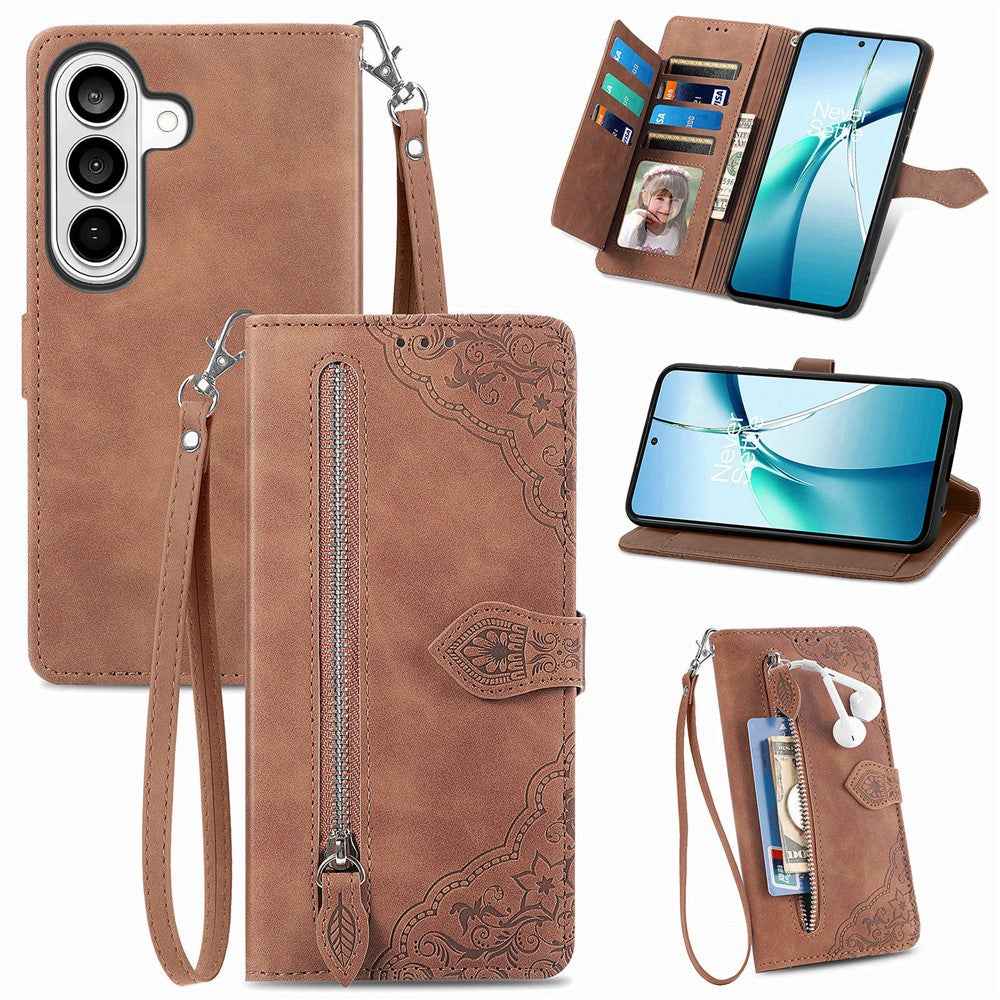 For Samsung Galaxy A57 5G Zipper Wallet Case with Strap Flower Imprint PU Leather Phone Cover - Brown