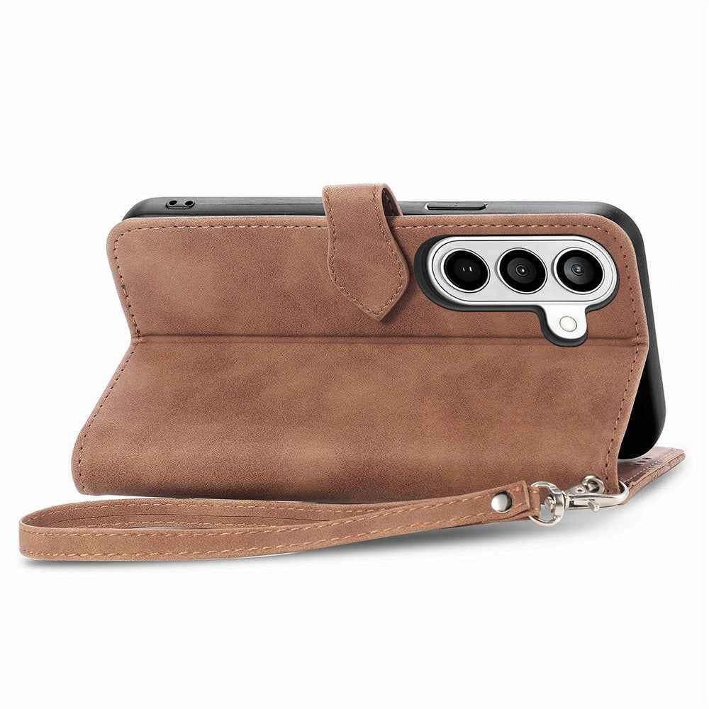 For Samsung Galaxy A57 5G Zipper Wallet Case with Strap Flower Imprint PU Leather Phone Cover - Brown