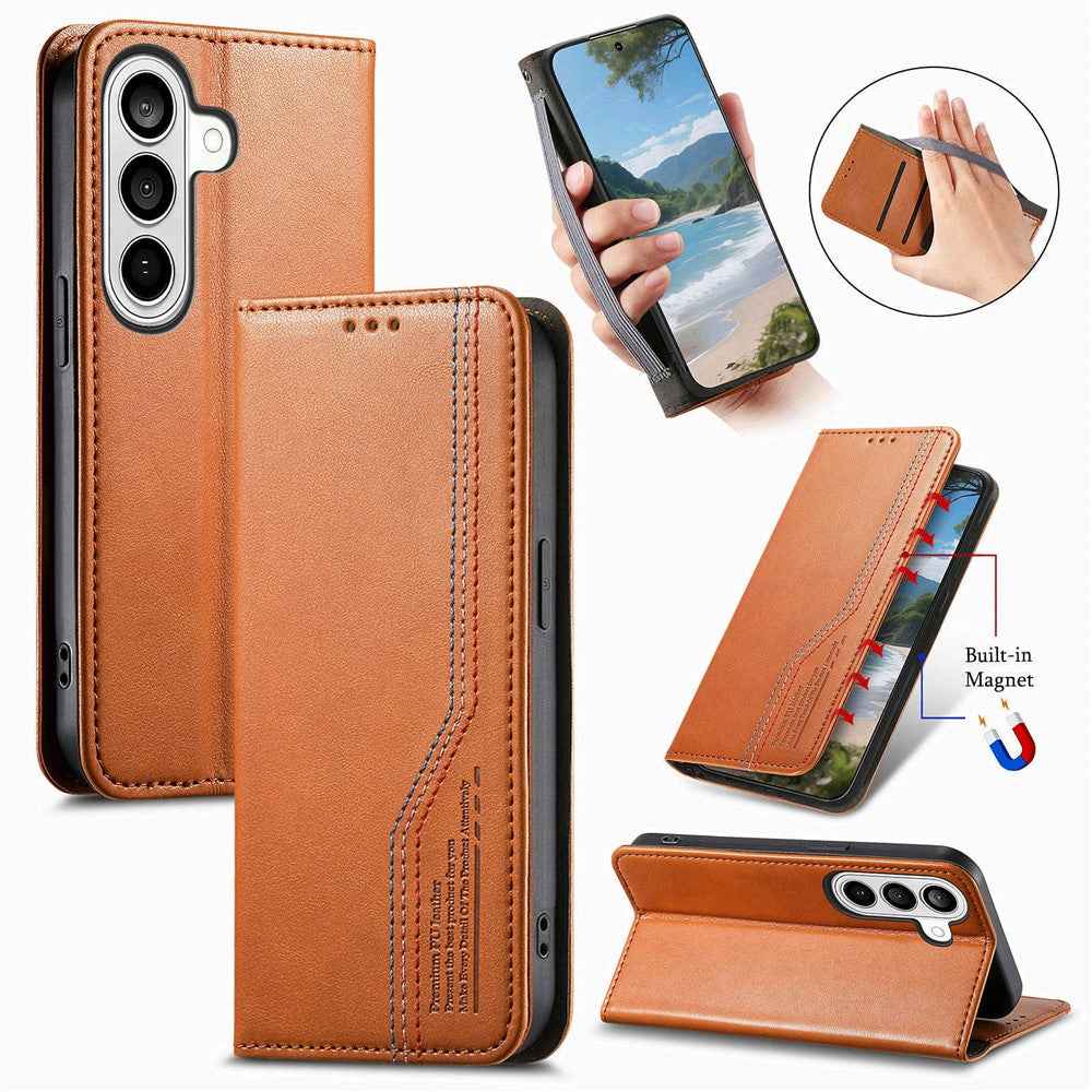 For Samsung Galaxy A57 5G Case Wallet Tri-Color Stitching Leather Phone Cover with Elastic Wristband - Brown